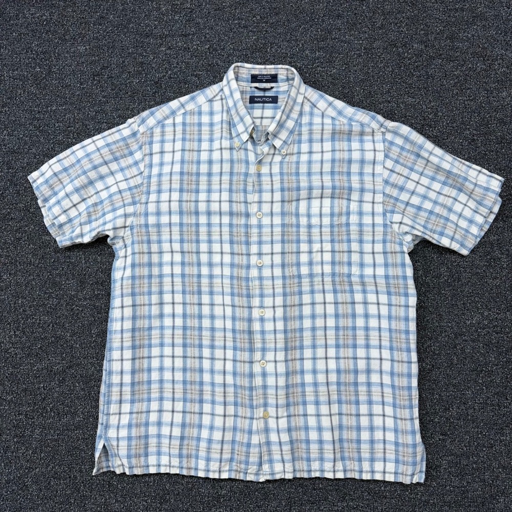 Nautica Mens Blue Plaid Short Sleeve Linen Rayon Button Down Shirt Size M